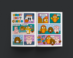 Comic book page with Halloween-themed illustrations on a dark background