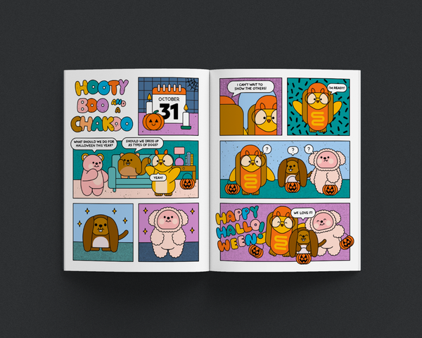 Comic book page with Halloween-themed illustrations on a dark background