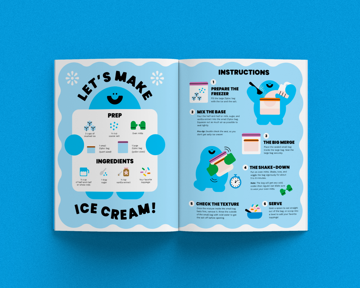 An open children's activity book spread on a bright blue background. The left page reads 'LET'S MAKE ICE CREAM!' with ingredients and prep steps, and the right page shows numbered instructions with illustrated icons and small photos of hands mixing ingredients.