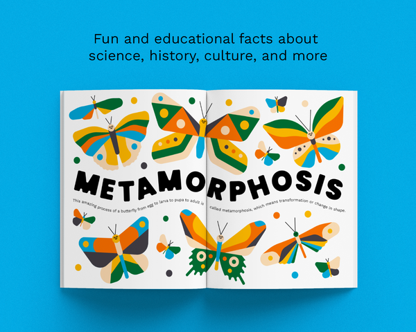 An open children's book titled 'METAMORPHOSIS' on a bright blue background, featuring colorful illustrated butterflies and the tagline 'Fun and educational facts about science, history, culture, and more' above it.