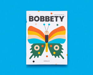 Magazine cover of 'Bobbety' with a colorful butterfly illustration on a blue background