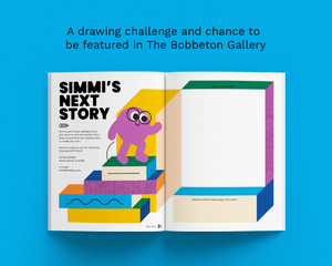 An open printed booklet or magazine spread on a bright blue background, with the headline 'A drawing challenge and chance to be featured in The Bobbeton Gallery' above it. The left page shows colorful abstract book stacks and a purple cartoon character with text reading 'SIMMI'S NEXT STORY.