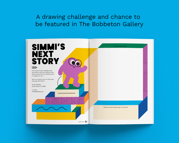 An open printed booklet or magazine spread on a bright blue background, with the headline 'A drawing challenge and chance to be featured in The Bobbeton Gallery' above it. The left page shows colorful abstract book stacks and a purple cartoon character with text reading 'SIMMI'S NEXT STORY.