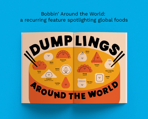 An open illustrated book spread titled "Dumplings Around the World" on a bright blue background, with small food illustrations and text labels on the pages.