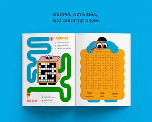 An open children's activity book or booklet on a bright blue background, showing a maze game on the left page and a word-search worksheet on the right page. Text above reads 'Games, activities, and coloring pages.