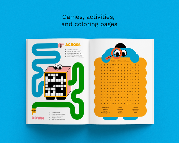 An open children's activity book or booklet on a bright blue background, showing a maze game on the left page and a word-search worksheet on the right page. Text above reads 'Games, activities, and coloring pages.