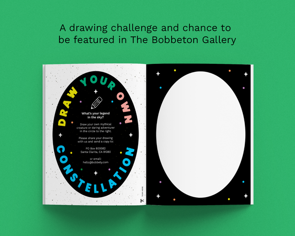 An open art print or booklet displayed on a bright green background, featuring a black oval with colorful text reading 'DRAW YOUR OWN CONSTELLATION' on the left page and a large blank white oval on the right page. Above the product, text reads: 'A drawing challenge and chance to be featured in The Bobbeton Gallery'.