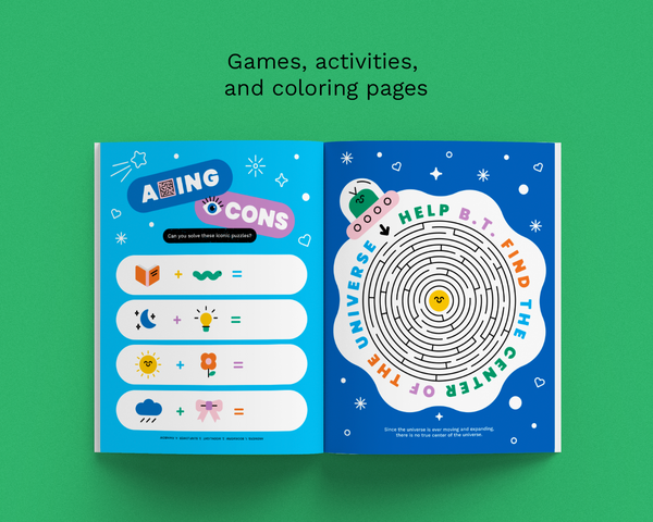 An open children's activity book displayed on a solid green background, with text above reading 'Games, activities, and coloring pages.' The left page is bright blue with colorful icons and a game panel, and the right page is dark blue with a maze.