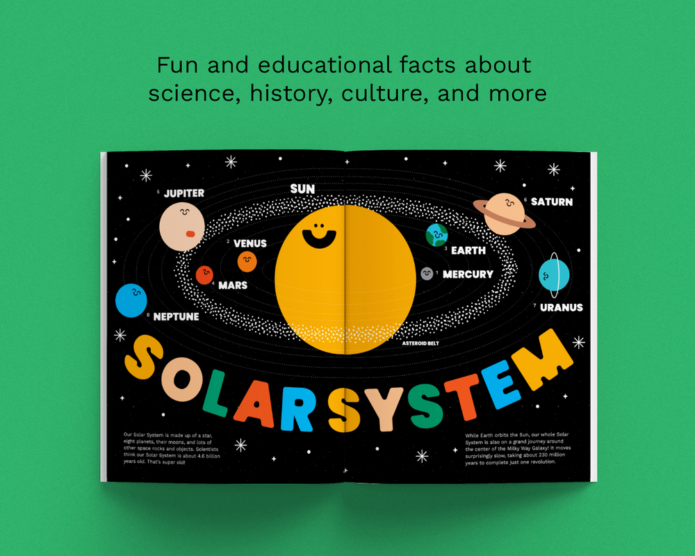 Bobbety Magazine cover with space objects on a green background