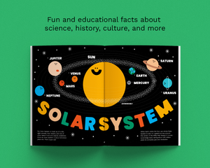 An open children's book titled 'SOLARSYSTEM' on a bright green background, showing a colorful solar system diagram with planets, stars, and text about space facts.