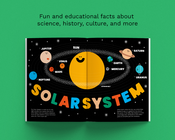 An open children's book titled 'SOLARSYSTEM' on a bright green background, showing a colorful solar system diagram with planets, stars, and text about space facts.