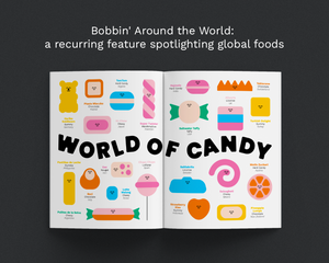 An open book spread titled "WORLD OF CANDY" with colorful illustrated candies and small labels, photographed against a dark charcoal background. White headline text above reads, "Bobbin' Around the World: a recurring feature spotlighting global foods.