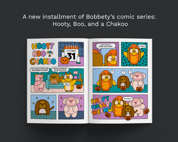 An open comic book spread titled 'Hooty Boo and Chakko' on a dark gray background, with white text above reading 'A new installment of Bobbty's comic series: Hooty, Boo, and a Chakoo.' The comic features cartoon animals in Halloween-themed panels with colorful panels and speech bubbles.