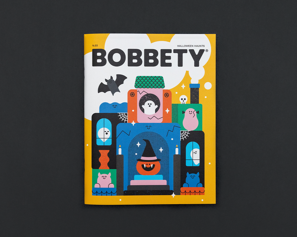 Magazine cover of 'Bobbety' with Halloween-themed illustrations on a dark background
