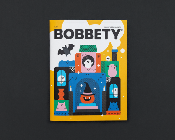 Magazine cover of 'Bobbety' with Halloween-themed illustrations on a dark background