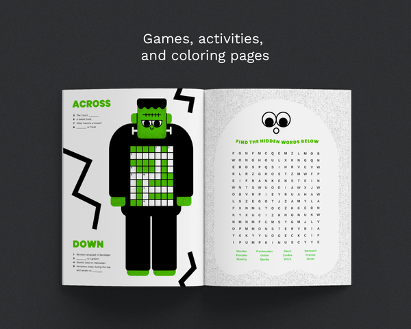 An open children's activity book or booklet shown on a dark gray background, with the text above reading 'Games, activities, and coloring pages.' The spread shows a black-and-green block-style Frankenstein figure on the left page and a word-search activity on the right page.