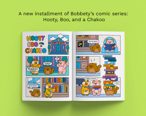 An open comic book spread titled 'Hooty Boo Chakoo' shown on a bright lime green background with text above reading 'A new installment of Bobbty's comic series: Hooty, Boo, and a Chakoo.' The comic features cartoon animals and book-themed panels in multiple colors.