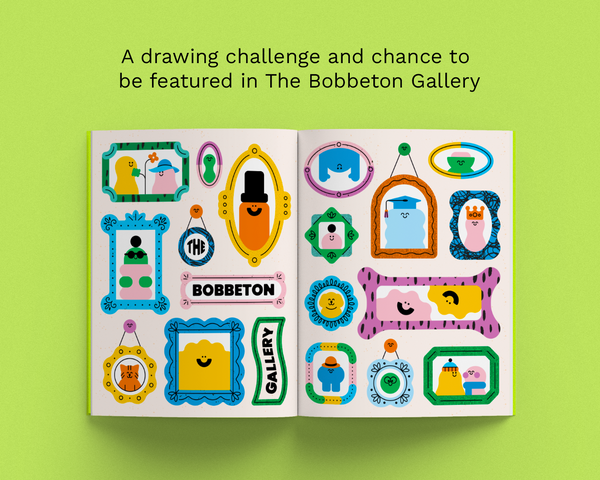 An open book or booklet displayed on a bright lime green background, featuring colorful cartoon-style mirror and frame illustrations with the words 'BOBBETON' and 'GALLERY'. Above the open book, black text reads: 'A drawing challenge and chance to be featured in The Bobbeton Gallery'.