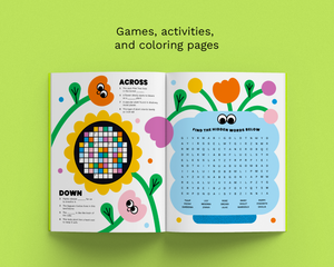An open children's activity book spread on a bright lime green background, with text above reading 'Games, activities, and coloring pages.' The left page shows a colorful crossword-style word puzzle with a sunflower graphic, and the right page shows a blue word-search grid with cartoon eyes and floral outlines.