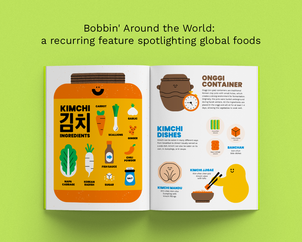 An open illustrated book or booklet on a bright green background, with the headline above reading 'Bobbin' Around the World: a recurring feature spotlighting global foods.' The left page shows a large kimchi jar illustration with ingredient icons and text, and the right page shows related food and container illustrations with headings including 'ONGGI CONTAINER.