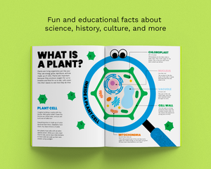 An open children's educational book titled 'WHAT IS A PLANT?' displayed on a bright lime green background. The book features colorful illustrations of plant cells, a magnifying glass graphic, and text explaining plant parts.