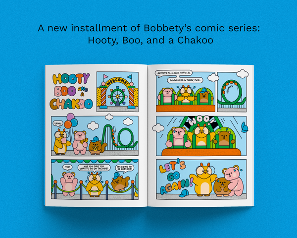 An open comic book spread titled 'Hooty Boo and Chakko' on a bright blue background, with promotional text above reading 'A new installment of Bobbty's comic series: Hooty, Boo, and a Chakoo.' The comic pages feature colorful cartoon animals and carnival-themed panels.
