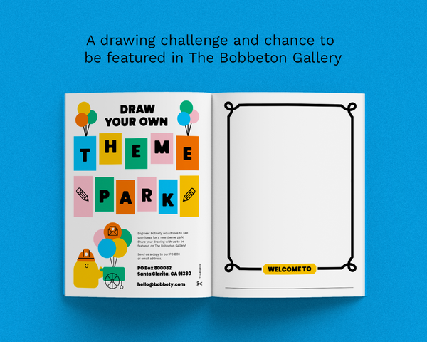 An open printed invitation or booklet laid flat on a bright blue background. The left page has colorful letter tiles spelling 'THEME PARK,' balloons, a yellow hat, and small event text; the right page is mostly blank with a black decorative border and a yellow 'WELCOME TO' label.