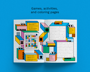 An open book or booklet spread on a bright blue background, featuring colorful geometric illustrations and text such as 'Games, activities, and coloring pages.' The pages include grids, boxes, and playful shapes in pink, yellow, blue, green, orange, and black.
