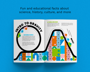 An open children's book spread titled 'INTRO TO GRAVITY' with colorful roller coaster illustrations and text, shown on a bright blue background with descriptive headline text above.