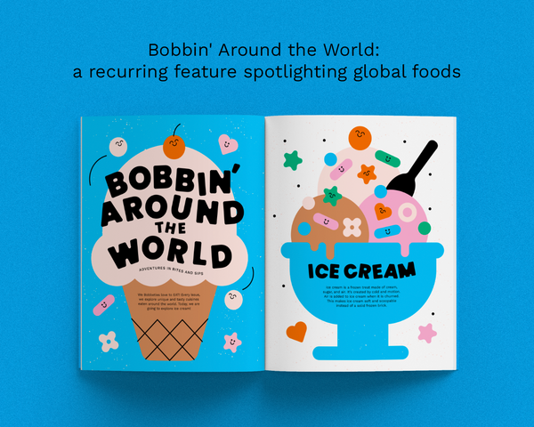 An open book or magazine spread on a bright blue background, featuring colorful ice cream illustrations and the headline 'Bobbin' Around the World: a recurring feature spotlighting global foods.'.