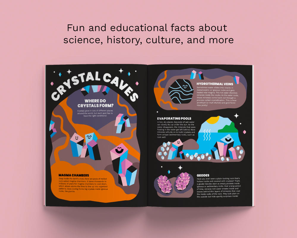 A Bobbety magazine or booklet titled 'Bobbety' lies flat on a solid pink background. The cover is black with a colorful geometric, faceted character resembling a gemstone and the brand name 'BOBBETY' in multicolored letters.