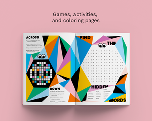An open children's activity book displayed on a solid pink background, with the text 'Games, activities, and coloring pages' above it. The book features colorful geometric graphics, a crossword puzzle, a word search, and a hidden words section.