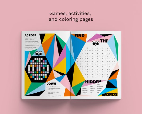 An open children's activity book displayed on a solid pink background, with the text 'Games, activities, and coloring pages' above it. The book features colorful geometric graphics, a crossword puzzle, a word search, and a hidden words section.