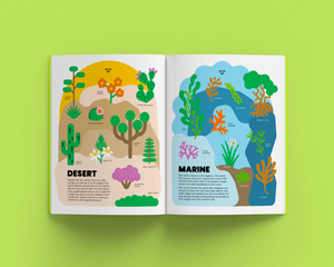 Open magazine showing illustrations of desert and marine ecosystems on a green background