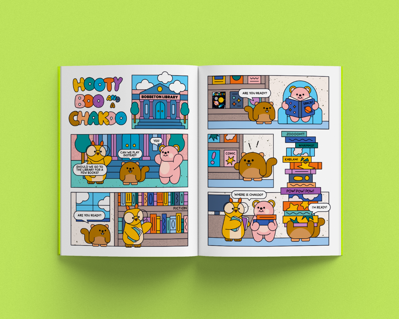 Comic book page with cartoon characters on a green background