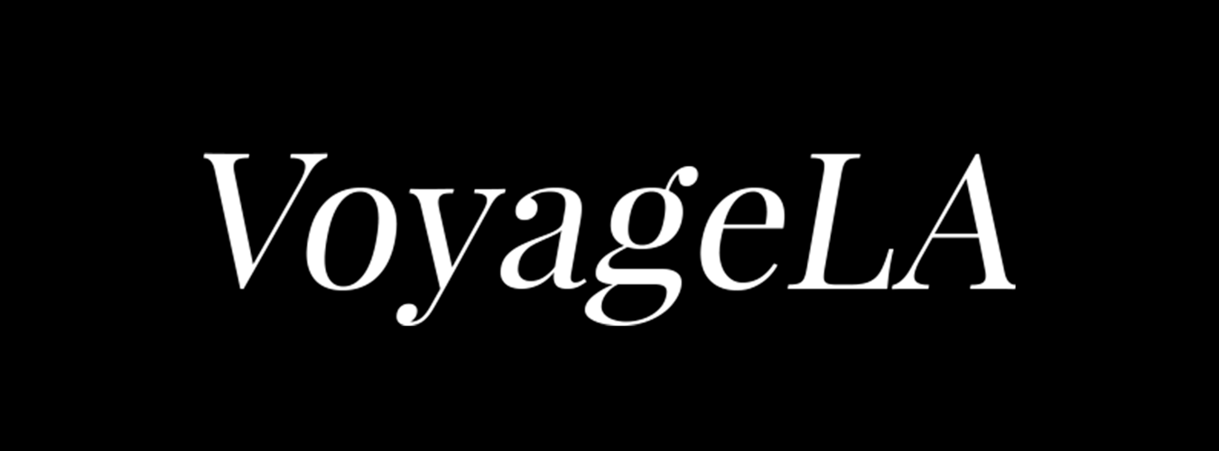 White 'VoyageLA' logo text in an elegant serif typeface on a solid black background.