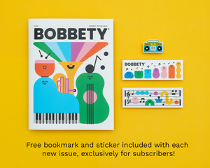 Magazine cover with colorful illustrations and stickers on a yellow background