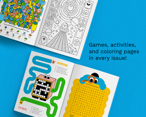 Coloring pages and activity sheets on a blue background with text about games and activities.