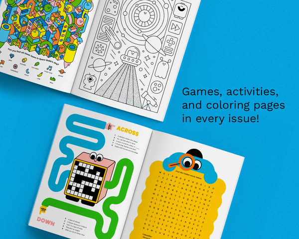 Coloring pages and activity sheets on a blue background with text about games and activities.