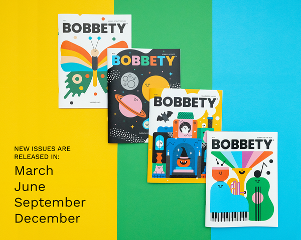 Collection of 'Bobbety' magazines on a colorful background with release information.